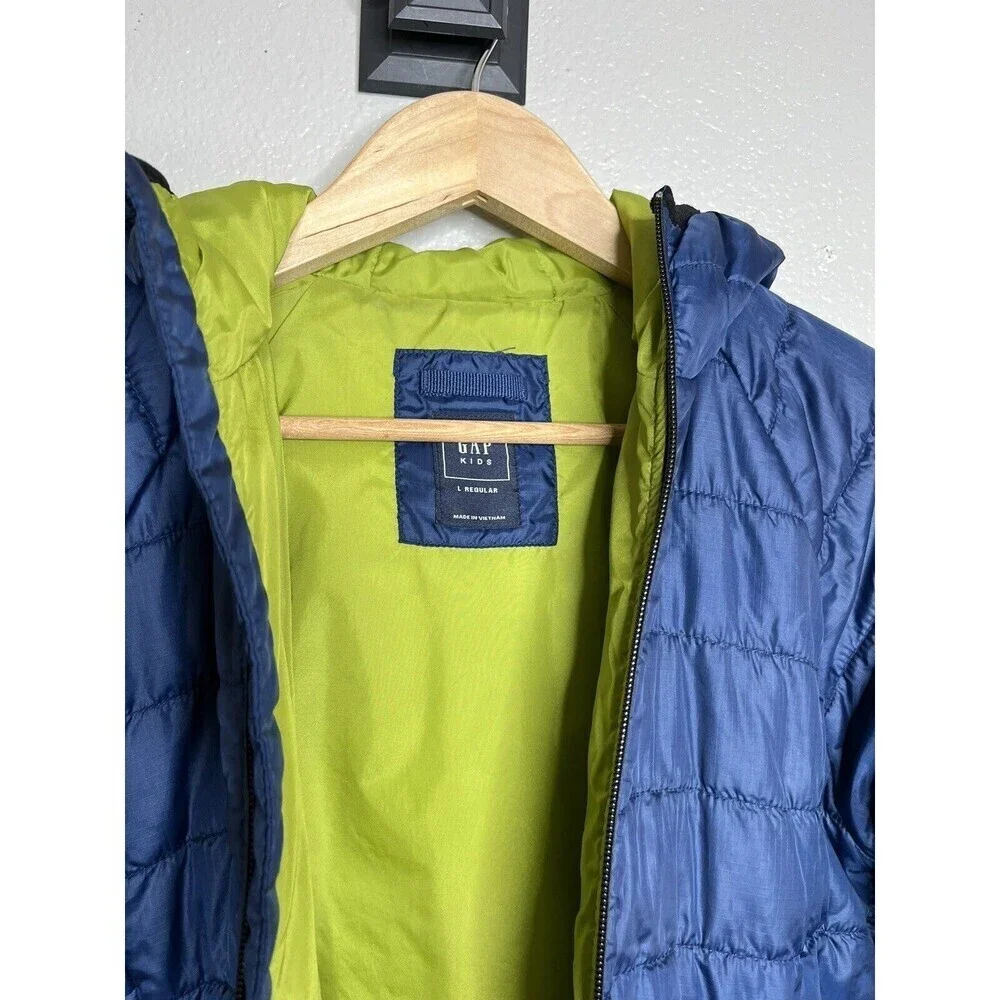 Gap Puffer Coat Youth Size Large LARGE Blue Hooded Boys Girls Navy/Lime Green